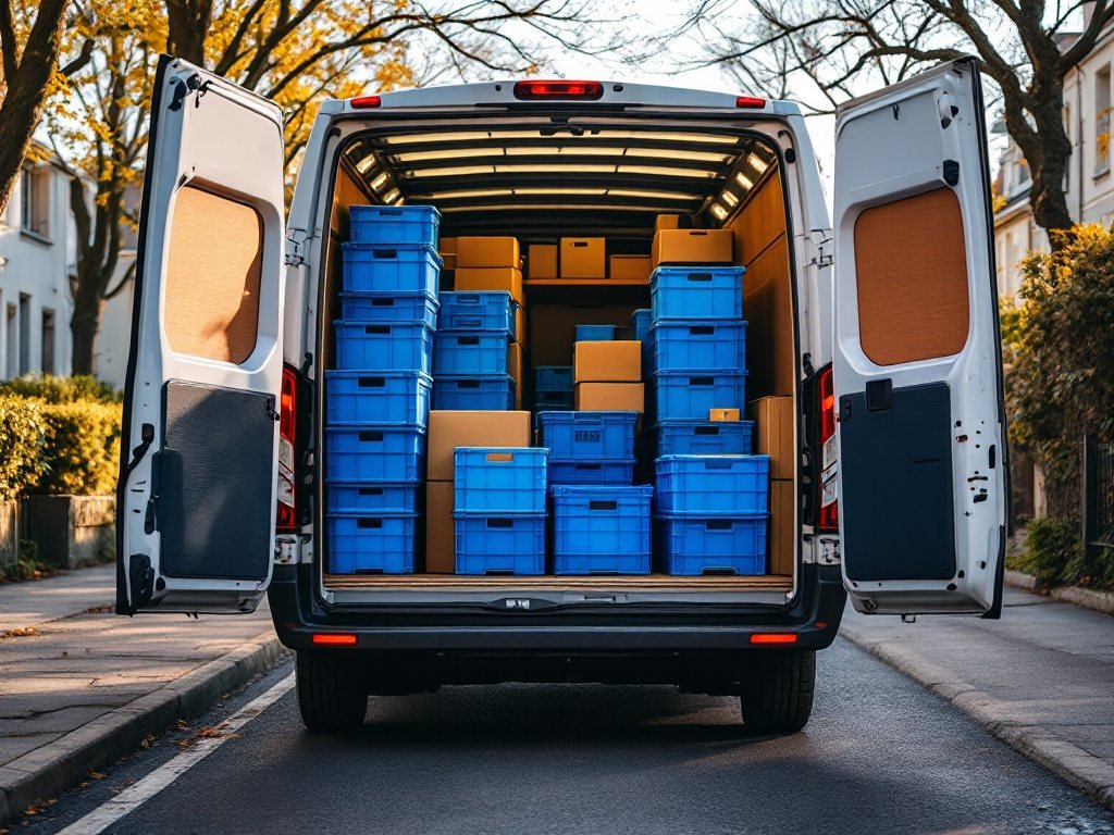 Utilitaire chargé de caisses pliables