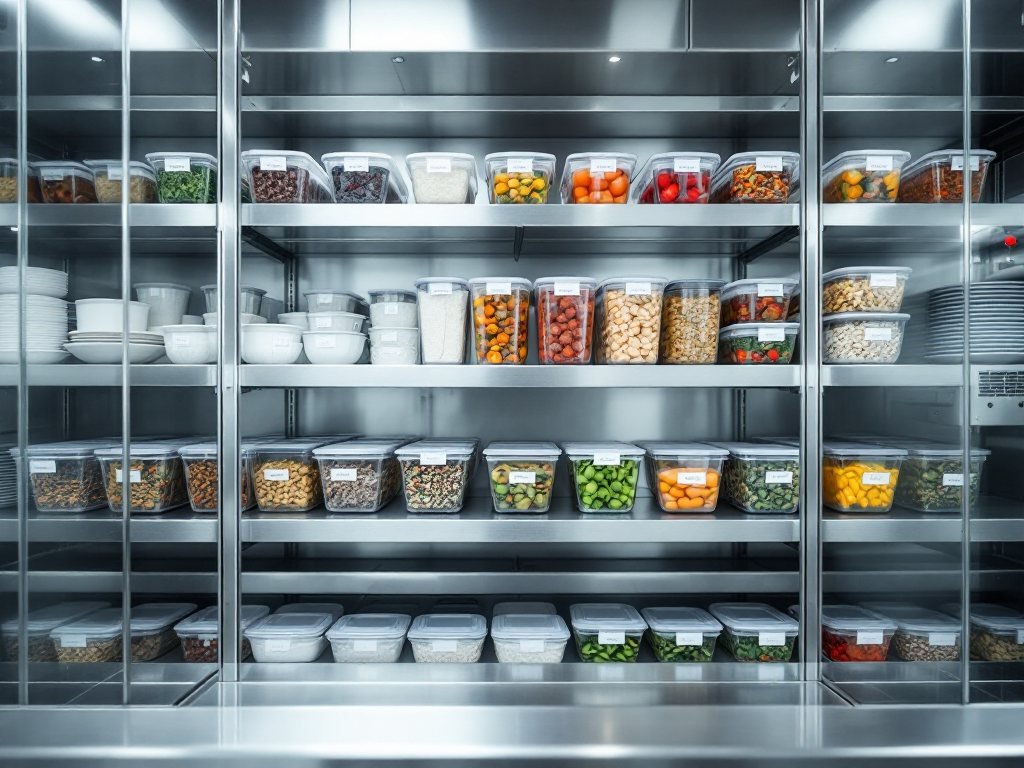 Cuisine de restaurant organisée avec des bacs étiquetés