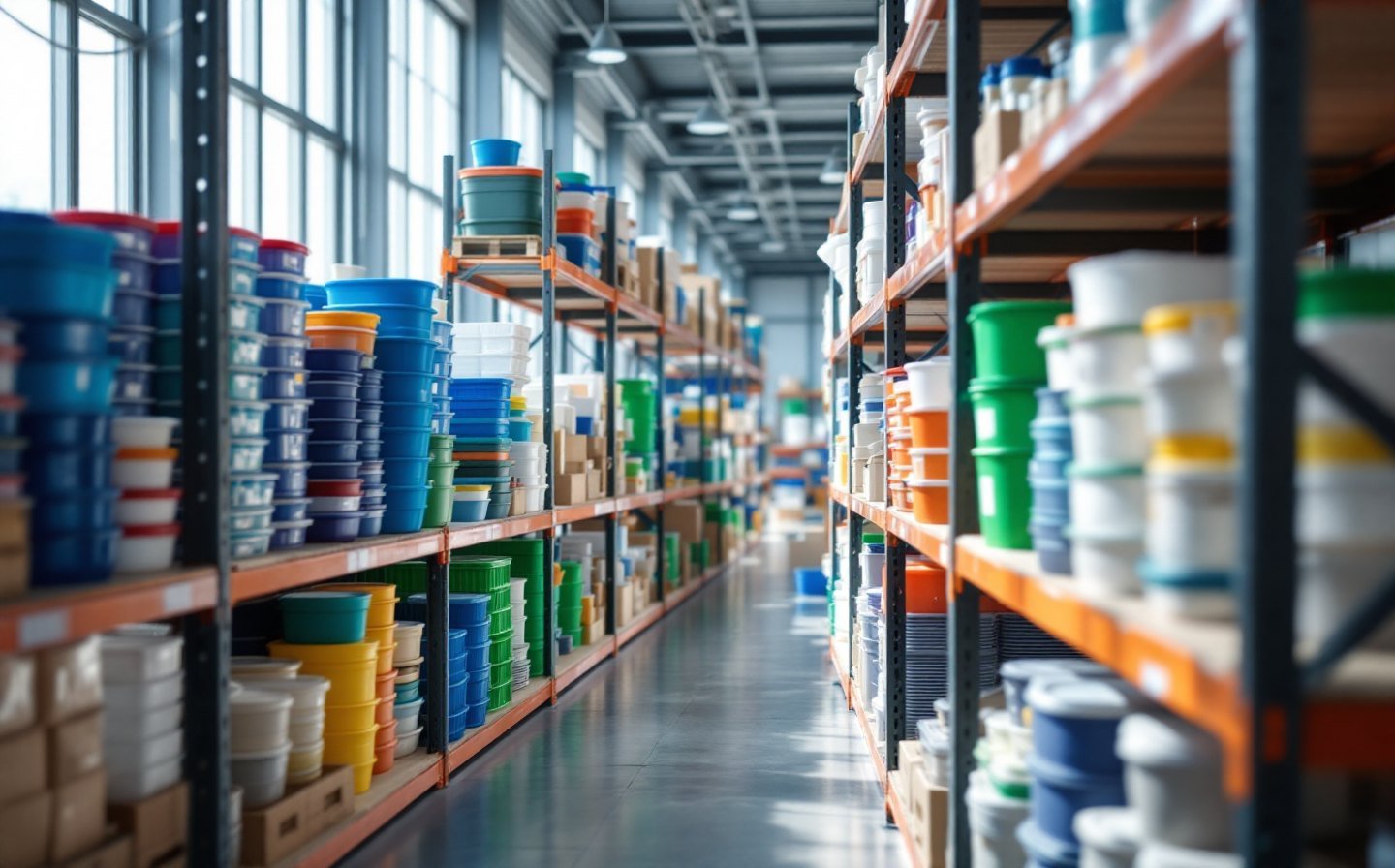 Rayonnages de contenants plastiques colorés dans le dépôt